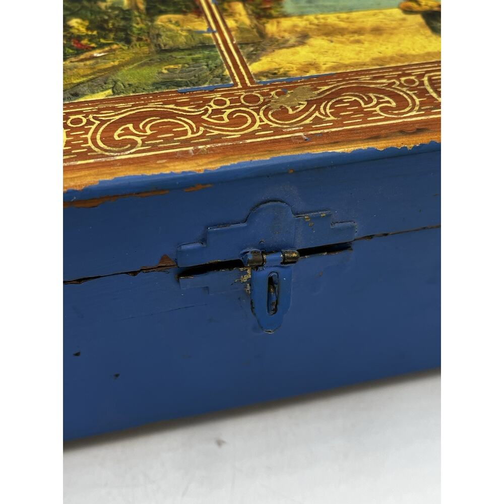 Vintage Cedar Wood Box Hinged Lid Decoupage Mediterranean Scene Blue Paint AS IS - Picture 9 of 14